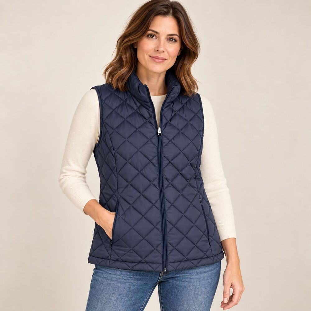 J Jill Down Puffer Vest Womens Medium Navy Blue Diamond Quilted Full Zip Pockets